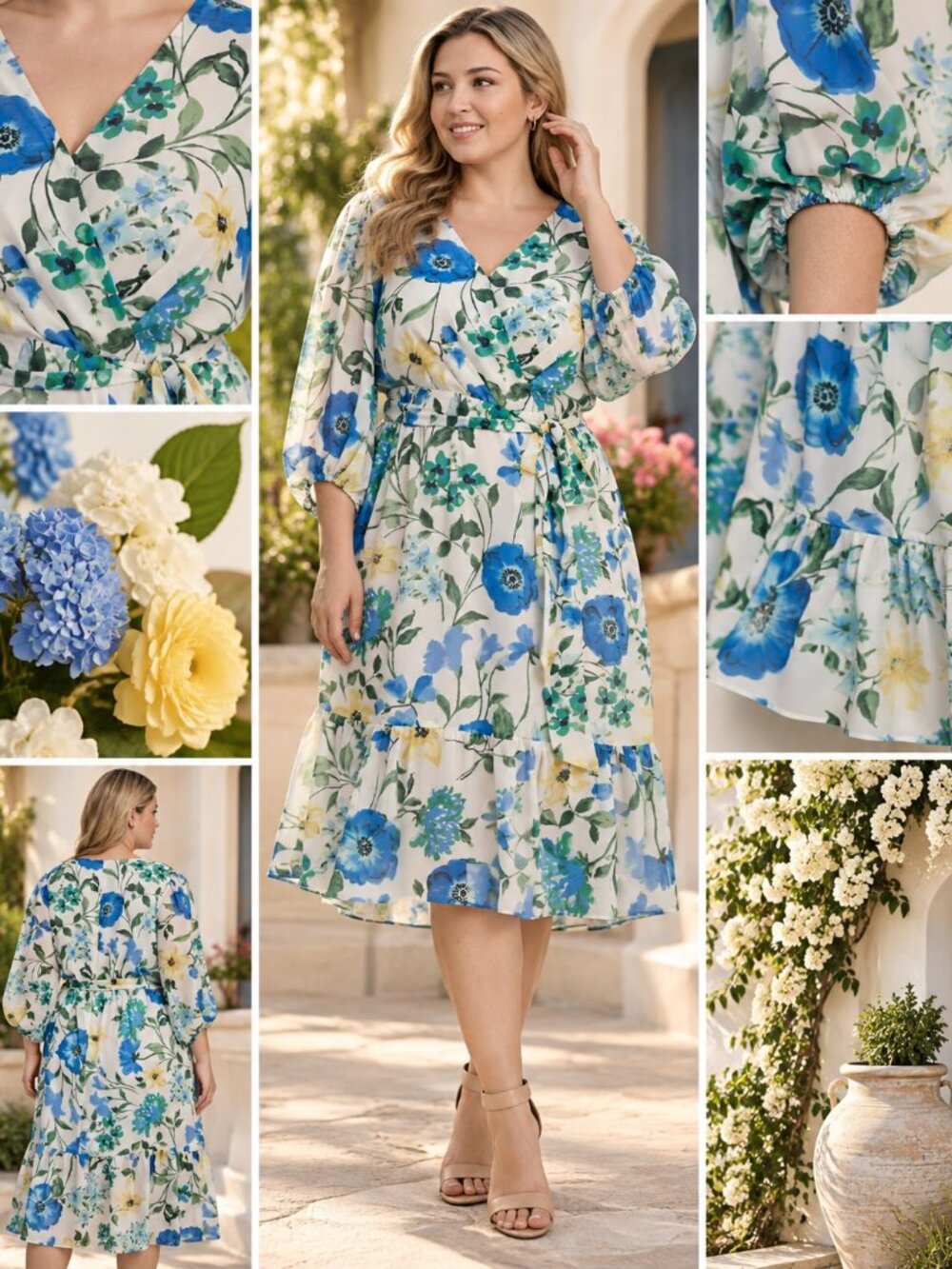Jessica Howard Plus Size Floral Wrap Midi Dress Blue Green 16W NWT